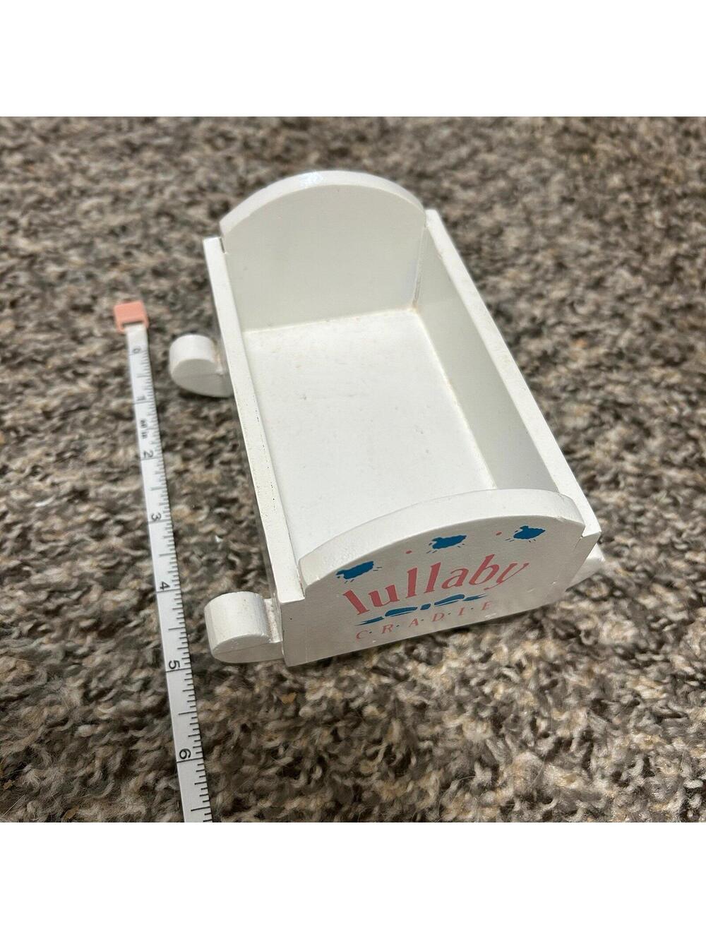 Vintage Tiny Small White Lullaby Mini Doll Baby Cradle with Lambs